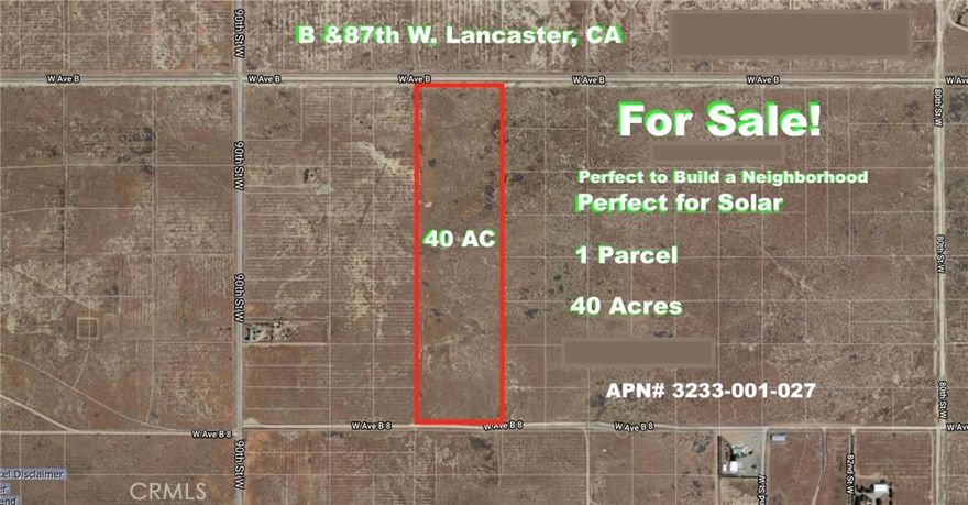 Presenting a unique offering of 40 acres of land that spreads from Ave B to Ave C, this property is a developer's dream. With 2 separate street access points and flat land, the possibilities are endless for a neighborhood project. Enjoy the convenience of paved roads and the close proximity to the 14 freeway, Apollo Park, Fox Airport, and the vibrant poppy fields. Equestrian enthusiasts will find this property to be an acceptable option as well. Don't let this remarkable opportunity slip away!