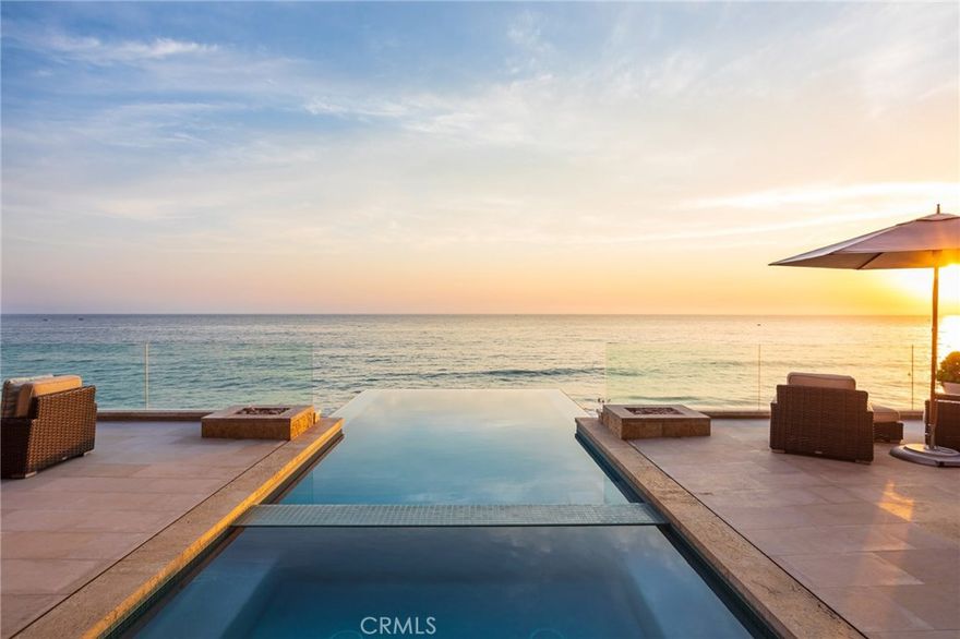 Designed by renowned architect firm CJ Light Associates, this refined property commands the front row of the beloved Strand at Headlands. A contemporary Balinese aesthetic transports residents into a realm of serenity. A secure front glass courtyard with soothing water features highlights the peaceful surroundings. Upon entering the main level, an open floor plan awaits, offering views of the two story infinity pool and abundant terrace spaces. Past sliding walls of glass pocket, panoramic ocean views and coastal vistas stun. Water cascades from the infinity pool onto a lower terrace surrounded by lush grass, contributing to the distinctive profile of the home. The walkout lower level of the home features a state of the art screening room with a 98" viewing screen, bar and wine wall, generously sized gym, and a spa boasting a massage room with sauna and steam functionality. Dual lounges with expansive ocean views enhance the resort-like feel of the property. A gourmet kitchen is defined by double islands and a backlit blue onyx wall. Step into the upper level master suite and enjoy a private terrace with a perched vantage point. Dual his/her master bathrooms and lavish closets create an oasis that is equal parts indulgent and constructive. Unparalleled detailing throughout the home establishes an elegant and exclusive feel. From Jerusalem limestone to mother of pearl, no detail falls short of pure luxury. Direct beach access makes 33 Strand Beach a uniquely special property.