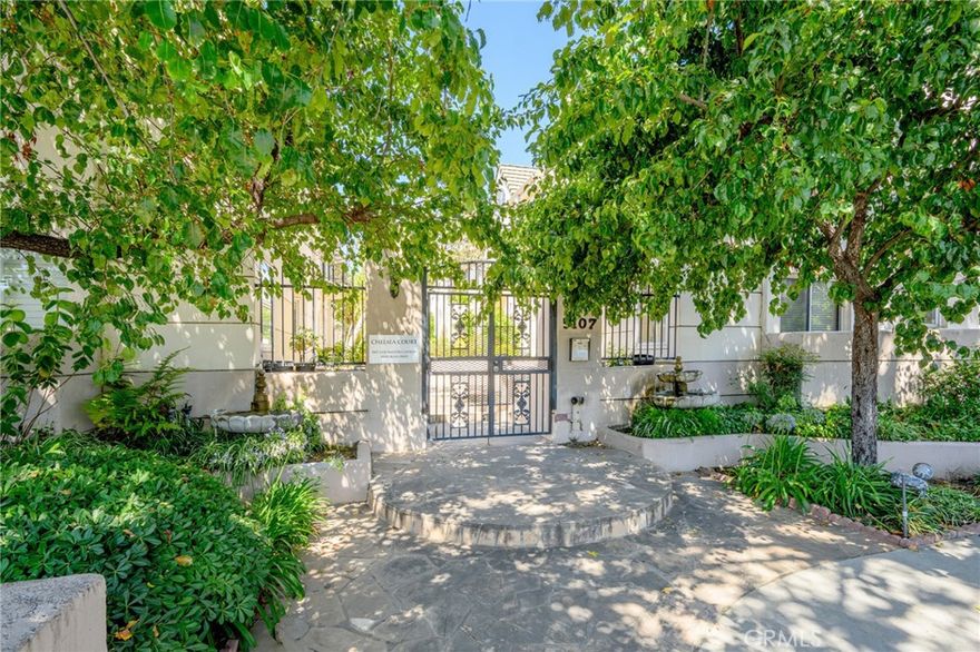 Welcome to this beautiful and stylish Chelsea Court! An iron gate opens to a courtyard with only 16 units in the complex. This end unit is perfectly situated in the middle of the courtyard with only one common wall to enjoy more natural sunlight entering the many windows. The unit is light and bright with high ceilings, balconies, large windows and recessed lighting. Not only do you have a living room in the front but also as you continue, there is a lavish family room with a wet bar and cozy gas fireplace.  The kitchen provides plenty of counter space and abundance of cabinets with stainless steel appliances. Enjoy dining al fresco on the outside patio. Upstairs are two en-suite bedrooms with vaulted ceilings, custom closets and its own private balconies. The master bedroom has its own private bath with double vanity, separate shower & tub. The laundry area is located in the upstairs hallway and is a full size side by side washer and dryer. Each unit has individual access to the secured, gated subterranean garage with 2 reserved side by side parking spots that makes parking a breeze. An amazing location in the heart of Sherman Oaks. This is a great location with easy access to freeways, nearby to Whole Foods, restaurants, shops and quality of schools. Complex has earthquake insurance.