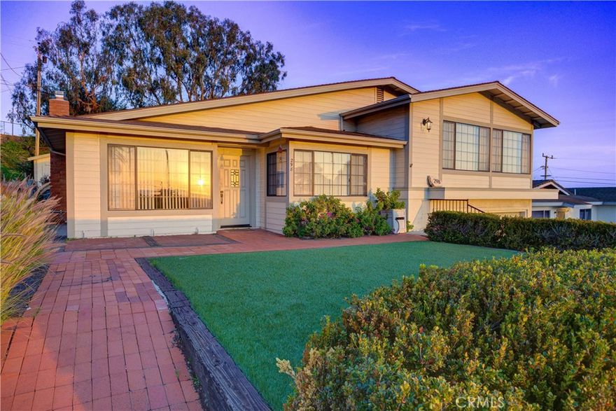 Top of the hill views from the spacious split-level in the heart of Arroyo Grande. Where North Elm and Brighton meet, this home has amazing ocean views from the extra-large added great room, dining room, updated kitchen and living room. Front door opens to a comfortable formal living room complete with new fireplace insert. Updated kitchen includes granite and stainless steel appliances. Tons of storage and two comfortably-sized guest rooms. Primary bedroom is light and bright with a large sliding door to outside patio areas and roomy en suite bathroom with soaking tub and shower. Covered patio off of great room addition allows for outdoor living in all weather. Built-in Santa Maria bbq as well as extra large workshop storage with side access. Extra large 3 car tandem garage with office. Move-in ready!