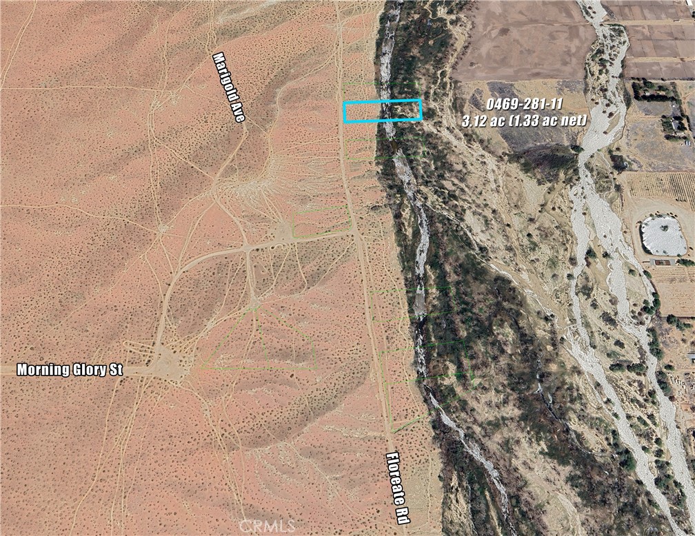 3.12 ac Rural Living parcel on Floreate Rd along the west side of the Mojave River in Oro Grande/Adelanto. River flows above ground in this area. Back half of lot drops down into River area. Access via Hwy 395 to Colusa Rd, to Helendale Rd, to Purple Sage/Morning Glory, to Floreate. 4x4 Vehicle recommended. Seclusion and the River call you. 9 Lots total available on/off Floreate (6 on River, 3 off). Please contact Listing Agent for more information.