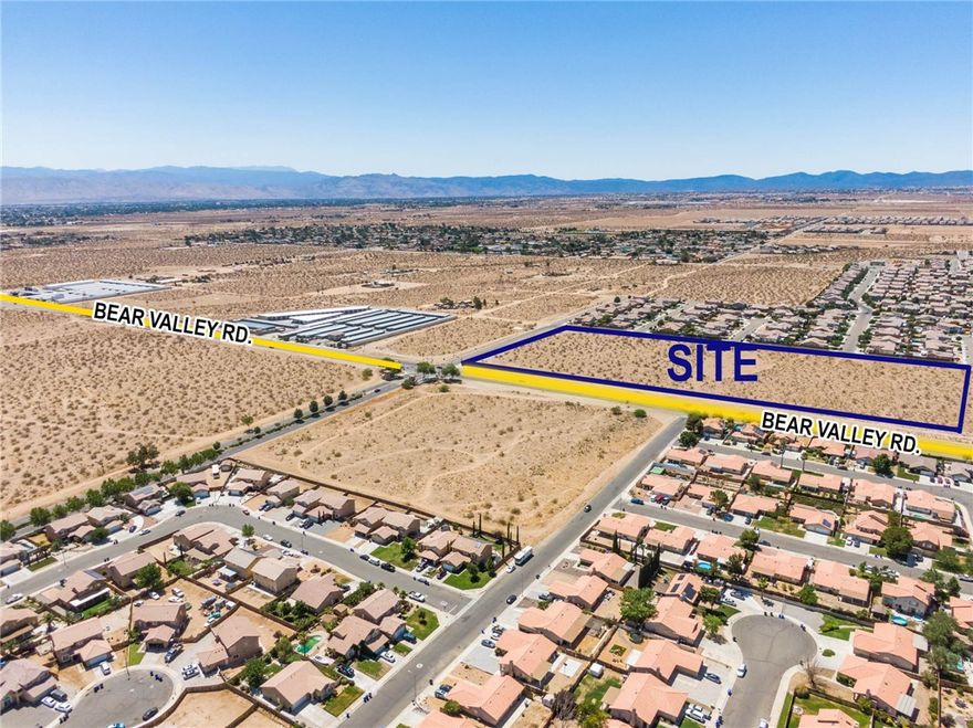 APN 3071-511-02 - ±16.67ac at the southwest corner of Bear Valley Rd & Mesa Linda St.  Versatile large commercially zoned parcel situated at a signalized corner.  Over 1,000 feet of frontage along Bear Valley Rd just one intersection east of Hwy 395.  Existing residential development surrounds this site with new communities on the horizon in close proximity.  Average daily traffic count in excess of 50,000.  Centralized location in close proximity to both Interstate 15 & Highway 395.  Amazing development potential to serve this high growth region.  The High Desert is poised to blast off – the high-speed train to Las Vegas and The Barstow International Gateway are just two proposed projects which will create tons of jobs and in turn the need for even more new rooftops.