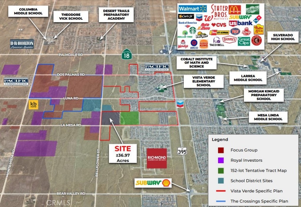 ±36.97-acre site approximately ¾ mile west of Highway 395 in Victorville. Zoned Very Low Residential as part of the Vista Verde Specific Plan, this parcel may allow for up to 3.8 units per acre. Water lines run along the east and south borders in Bellflower Street and La Mesa Road. Sewer is nearby with lines in Luna Road and Fremontia Road to the north and to the east at the La Mesa Road and Mesa View Drive intersection. Buyer to verify all zoning and utilities with the City of Victorville. Surrounded by active communities and future build sites from Frontier Communities, Richmond American, and KB Home. Snowline Joint Unified School District owns ±50 acres adjacent to the parcel with plans for a future school site. Located about 1.5 miles SW of The Crossroads at 395 shopping center which is home to businesses like Walmart, Stater Bros, and Starbucks.