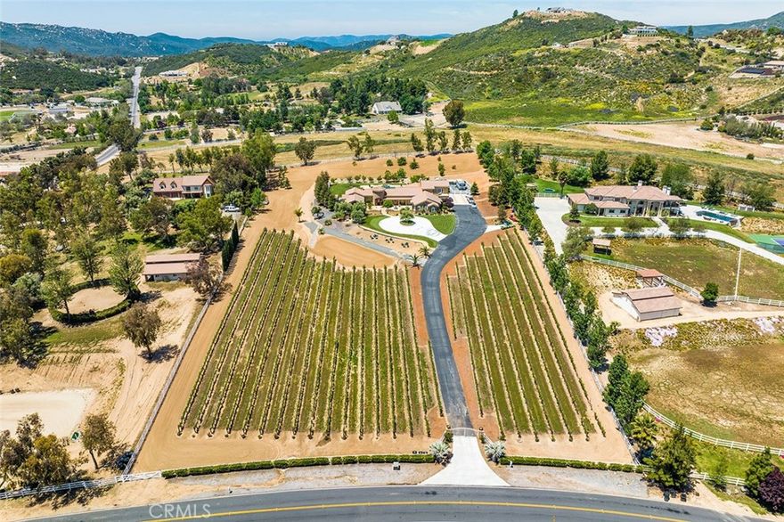 It’s a WOW, from the moment you approach this mostly SINGLE-STORY LA CRESTA VINEYARD ESTATE with POOL in the heart of La Cresta. Enter through the security gate & be transported to another world, as you drive through manicured rows of mature grapevines. Step into into this pristine estate w/high ceilings & luxury details. No steps in the entire home, except the bonus room and all bedrooms have attached bathrooms. The guest wing with three bedrooms even has its own multi-purpose room (pictured with piano), which could be amazing for a music room, school studies, and/or a sitting room for multi-generational living. Two of the guest rooms have French doors to the front courtyard, where your guests may enjoy peaceful sunrises in their own private outdoor space. At the same end of the home, you will find a staircase which takes you to a massive bonus room, perfect for billiards, home theater, meeting room, teen space, etc. and opens to a large balcony with views of the La Cresta Valley & distant mountains.  Back downstairs and down a Santa Barbara style hallway, you will pass the beautiful customized formal office, on your way to the Primary Bedroom Suite with luxurious bathroom, fireplace and retreat. The heart of the home hosts a chefs’ kitchen with a large island, high-quality appliances, eat-in breakfast area, opening to the spacious family room with fireplace and built-in cabinetry. This space, along with the living room, dining room, and primary suite have French doors to a backyard wonderland, including tastefully designed pool, spa, fruit orchard, and grassy lawns.  But wait, there’s more!  The outdoor kitchen is one to behold, with several cooking elements, refrigerator, television, built-in cabinets, ceiling fan, loads of shade, lounge area, and outdoor dining room. Surprisingly, this grand estate is also easy to maintain, since much of the land is vineyard, which is professionally managed and yields a little bit of income. You can even bring a horse or two, as there is still room for more development (how about an ADU!), and this particular area of La Cresta has wonderful trail access. Treat yourself to a tour of this delightful estate today! *SANTA ROSA PLATEAU: 5-acre+ parcels, minutes to schools, restaurants, hospitals, shopping, Temecula Wine Country. Enjoy clean air & 

community activities, hiking & miles of trails. All less than 1.5 hours from LA, San Diego, OC, Palm Springs & Big Bear. Discover La Cresta Life!
