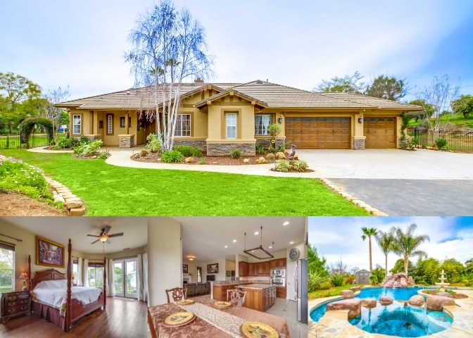 The dynamic driveway entry and exceptionally private 2.29-acre lot sets the tone for this sprawling single-story in the highly sought-after gated community of Schaffer Ranch. The only flag lot in the quaint and quiet 21 custom home community. Bursting with charm, you’ll admire the many features within the home including an optional 4th bedroom/office, ceiling fans in all the bedrooms, beautiful wood floors, solar, surround sound, fireplaces in the formal living room and family room. *see supplemental* Separate formal dining room with doors that open to enjoy the outdoors. Escape to the master suite with direct access to the backyard and patio, an ensuite bathroom with dual sinks, soaking tub, shower stall and spacious walk-in closet. The kitchen features a center island with bar seating, granite counters, stainless steel appliances, 6-burner gas stove, under cabinet lighting, ample counter and pantry space. The kitchen is open to the breakfast nook and family room, both with widely scaled windows framing the yard. Indulge in the entertainer’s backyard showcasing a sparkling pool and spa with waterfall and slide, built-in BBQ, fire pit area surrounded by a variety of citrus trees. The lot is completely usable with a separate driveway entrance (off of Bella Linda Rd.), RV/boat storage areas, expansive dog kennels with custom houses and various storage out-buildings. Come relax and soak in the blissful ambiance at this Valley Center oasis.. Neighborhoods: Schaffer Ranch Equipment: Pool/Spa/Equipment, Shed(s) Other Fees: 0 Sewer: Septic Installed Topography: LL