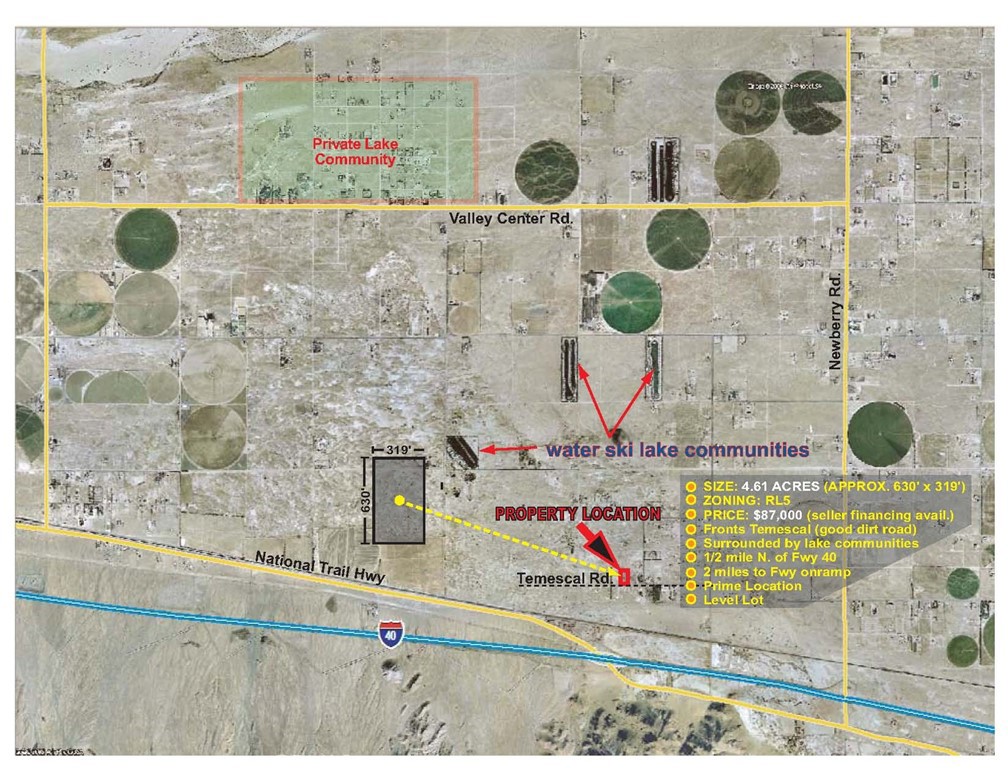 1. 319’ of frontage on Temescal Rd.
2. Only ½ mile N. of Fwy 40
3. 2 miles driving distance to the nearest Fwy access
4. Near private lake communities
5. Utilities near by
6. A level lot with plenty of ground water supply
The information provided herein is deemed accurate, but buyer and agent to do own due diligence. There are no warranties, express or implied.