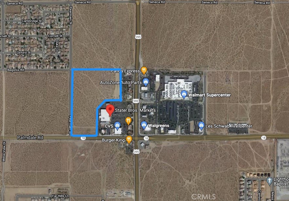 Prime commercial property at the major intersection of Hwy 395 and Palmdale Blvd in city of Adelanto! APNs
3103-521-07 and 3103-521-19 together a total of 22.52 acres. Several national franchises such as Stater Brothers, US Bank, Chase, Starbucks, Subway, Del Taco, Denny's Carl's JR, KFC, Autozone, Panda Express, Dollar Tree, Super Walmart, Wendy's, McDonald's, Walgreens, Taco Bell, Wingstop, and El Pollo Loco are in the adjacent center. The site is zoned for commercial and may be subdivided for future development. Curb, gutters and utilities are already on site, don't miss this opportunity!