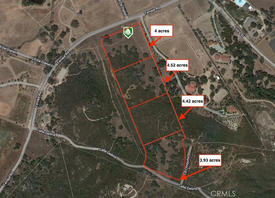 Great opportunity to develope 4 legal parcels simultaneously or individually Buy all 4 together then sell off the others separately. Seller will not consider selling separately, golden opportunity for Investor! This 20 acre property is already subdivided into 4 legal parcels the front parcel is very gentle with mature California OAK Tree with surrounding pastures, then as you go up the new culdesac (existing dirt path road) (advise walking it) you will notice that each potential home site location provides excellent views into the tenaja valley (SAN MATEO CANYON) with plenty of useable areas especially on the top, the last parcel #4 which has numerous oak trees and pasture areas.
Truly a real sleeper opportunity to build a dream "family compound" or personal ranch set up then sell off the other parcels! A true quiet private prestine paradise.