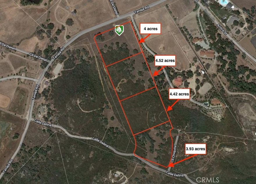 Great opportunity to develope 4 legal parcels simultaneously or individually  Buy  all 4 together  then  sell off the  others  separately. Seller  will not consider  selling separately, golden opportunity for  Investor!  This  20  acre  property  is already subdivided into 4 legal parcels the  front parcel is very gentle  with  mature  California OAK Tree  with surrounding  pastures,  then  as  you go up the new  culdesac (existing dirt path road)   (advise  walking  it) you  will notice  that  each potential home  site location  provides  excellent  views into the tenaja valley (SAN MATEO CANYON) with plenty of  useable  areas  especially  on the  top, the  last parcel #4  which  has  numerous oak trees  and  pasture  areas.

Truly  a  real sleeper  opportunity  to  build  a dream "family compound" or  personal ranch set  up then  sell off the  other  parcels!   A  true quiet private prestine paradise.