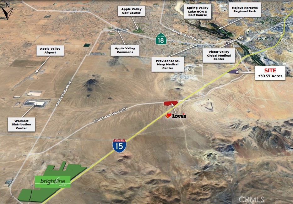 An expansive ±39.57-acre parcel is now available in the City of Victorville, zoned MU-2, offering flexible opportunities for commercial and/or multi-family development with potential for up to 30 residential units per acre. With approximately ±1,650 feet of frontage along the high-traffic I-15 corridor, the property enjoys prime exposure. Convenient access is provided by two nearby I-15 interchanges, making it easily reachable from surrounding areas. Additionally, the upcoming Brightline West Victor Valley station, expected to be completed by summer 2028, will be just a 10-minute drive north at the Dale Evans Pkwy. and I-15 interchange. Utilities, including sewer and water, are conveniently located at the southwest corner of the site. Buyer to verify all information contained herein.