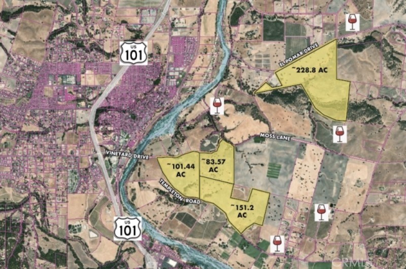 565 Acres of agricultural land in Region II of Templeton Gap AVA of the greater Paso Robles Region AVA. Six wells averaging 600' deep, one each 5", 8" and 10" and three with 12" casings are estimated to produce a combined 2,800 to 3,600 gallons per minute. Some active, some cased and capped. Two new (2019-2020) cased and capped wells are sited on the Salinas River bed with an access easement. Most of the land is sited in the Salinas Valley- Atascadero Area Groundwater Basin with some land in the Templeton Water Planning Area. See well photos and attached Well Location information. This offering consists of three contiguous parcels, 034-011-015, 034-011-016, 034-131-058 totaling 336 acres at the intersection of El Pomar Drive, Templeton Road and Moss Lane, less than one mile east of Hwy 101. A fourth 229-acre parcel, APN 034-012-006 is located to the east, at 1210 El Pomar Drive. Seller estimates that 400 +/- acres may be plantable between the two sites. Located in an area known for Arbuckle-Positas-San Ysidro and Lockwood-Concepcion soils. See photos. A now discontinued hemp operation leased a portion of the three contiguous parcels. Interested parties should satisfy themselves as to the suitability of their intended purpose.
Templeton is a small, fast-growing rural town known for its pastoral vineyards, wineries, breweries, horses, cattle, hay, alfalfa, microclimates and friendly folks. Located on California's beautiful Central Coast midway between San Francisco and Los Angeles on the broad alluvial slopes of the Santa Lucia mountain range and is only minutes from the Pacific Ocean and a few hours from either ski slopes or the dessert.
Additional photos, virtual tour and brochure to be uploaded soon.
Site visits are encouraged but arrangements must be made at least 24 hours in advance. Due to potential fire risks, all visits must be made in the morning before 10:00 AM. Contact your Agent. One Listing Agent must accompany all site visits.
Seller may consider seller financing for serious offers with an appropriate down payment from a well-qualified buyer.
All information has been provided by Seller and/or other sources and, while deemed reliable and is assumed accurate but has not been verified by Listing Agents and should be independently verified by Buyer and Buyer's Agents.
