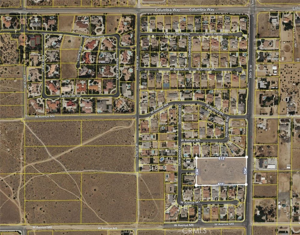 Huge reduction! Seller will consider seller financing with 50% down! Development site in a million-dollar neighborhood. Located within Lancaster's "semi-rural" luxury corridor, this flat 4.69 acre land parcel has frontage on 30th Street West and is surrounded on 3 sides by the "Premier Collection" community. This is a highly desirable neighborhood of sprawling semi-custom single-story homes and impressive 2-story homes, most of which are over 4,000 sqft. Homes in this neighborhood are frequently selling for over $1,000,000. The subject property is a true "in-fill" lot, as it is the missing piece that would complete the Premier Collection. West Avenue M-6 is a stub street that terminates at the west side of the property, and it could be easily extended through this property to create a tract. Homes could then be built on each side of the street. The property owner previously obtained a tract map (TTM 66793), now expired, yielding 8 half-acre lots. A developer could therefore purchase this property, re-apply for the tract map, and build 8 estate homes that could sell for well in excess of $1,000,000 each. There is currently strong demand for luxury new homes in the Antelope Valley. Another option is for a developer to utilize the new ADU laws and build 16 "build to rent" homes on the 8 lots, which would be in very high demand due to the location. The seller also previously obtained a water letter, grading report, and environmental report. Water, sewer, gas, and electricity connections are all present. A water meter box appears to be present alongside 30th St. Paraclete High School, a well-regarded private school, is right down the street. Additionally, this property may also be well-suited to someone looking for an oversized lot to build a sprawling custom estate with ample room for a tennis court, horse facilities, guest houses, etc. This is truly a rare find; an in-fill land parcel nestled within one of the Antelope Valley's most desirable residential areas