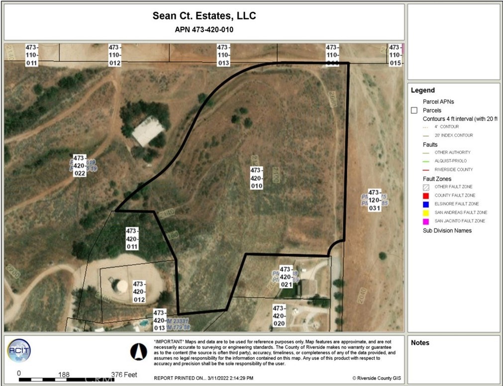 View Property overlooks Moreno Valley sits on 8.48 acres can be subdivided into 1 acre parcels, zoned R-A-1. Main access is at the end of Sean Court. There is a secondary access through an easement with the municipal water district. Potentially use is SFR on Large parcels.