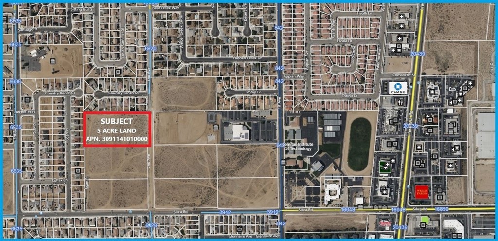 Prime location!! 5 ACRES OF DEVELOPMENT LAND!! Surrounded by newer homes just west of Hesperia Road near Silica Road. This land is located in the middle of everything. Surrounded by housing tracts and right across of Bible Baptist Church. One block west of Victorville Business District. Caddy corner from Mountain View Montessori, Lomita's and Elementary School. Only one block west of Wells Fargo Bank, Desert Community Bank Building, JP Morgan Chase Bank, 1/2 mile north of Desert Valley Hospital and all type of medical offices. Only about a mile from the most busy intersection of Bear Valley Rd with Vons Shopping Center, Starbucks, Walgreens, US Bank, Ross and all major businesses. Less than 10 minutes drive to I-15 via through Nisqually Rd. The seller has an 18 homes expired site plan but city of Victorville will re-approve with new submission. AN EXCELLENT LOCATION FOR A DEVELOPMENT OPPORTUNITY!! MOTIVATED SELLER!!