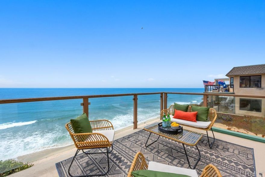 Bluff top panoramic whitewater ocean views with regular dolphin shows from the comfort of your own living room! This Neptune Avenue property is located on the most coveted street in beautiful Encinitas. Enjoy private, peaceful, and unobstructed sunset views from the deck and wake up each morning to the relaxing and soothing sounds of waves at the ocean shore.  Zoned as a duplex, this property is 3635 square and has 4 bedrooms and 4.5 bathrooms total. Alarm system with cameras. This unique property offers the rare chance to own a piece of the coveted beach bluff lifestyle on the coolest street in Encinitas with the added advantage of a versatile living arrangement and equity upside as you can make updates and upgrades to meet your own personal tastes and preferences.  Live in one unit and rent out the other or combine the living spaces to meet your needs. Ample off street parking. Located a short distance to Stonesteps and Moonlight beaches along with easy access to coastal downtown Encinitas, I-5 freeway, restaurants and shopping.