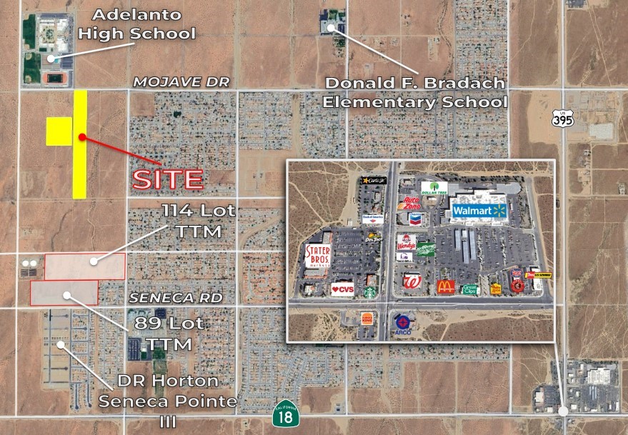 Two parcels totaling ±29.36 acres of vacant residential land situated in the unincorporated area of Adelanto, CA. The property is in close proximity to essential utilities, with water and sewer lines located approximately ±1,000 feet to the east at the intersection of Mojave Dr. and Aster Rd and another water line approximately ±1,300 feet to the west in Racoon Ave.
The site holds strategic importance due to its adjacency to Adelanto High School and its convenient location, being approximately ±2 miles from the ongoing construction of the Lewis Group of Companies’ Adelanto Town Center project. This development will potentially add value to the site by enhancing the surrounding area and offering various amenities and services. APN 3102-061-01 fronts on Mojave Dr., a major street as listed on the City of Adelanto Circulation Plan. The site presents a promising investment opportunity given its positioning, enhancing its potential for future residential development or other relevant uses.