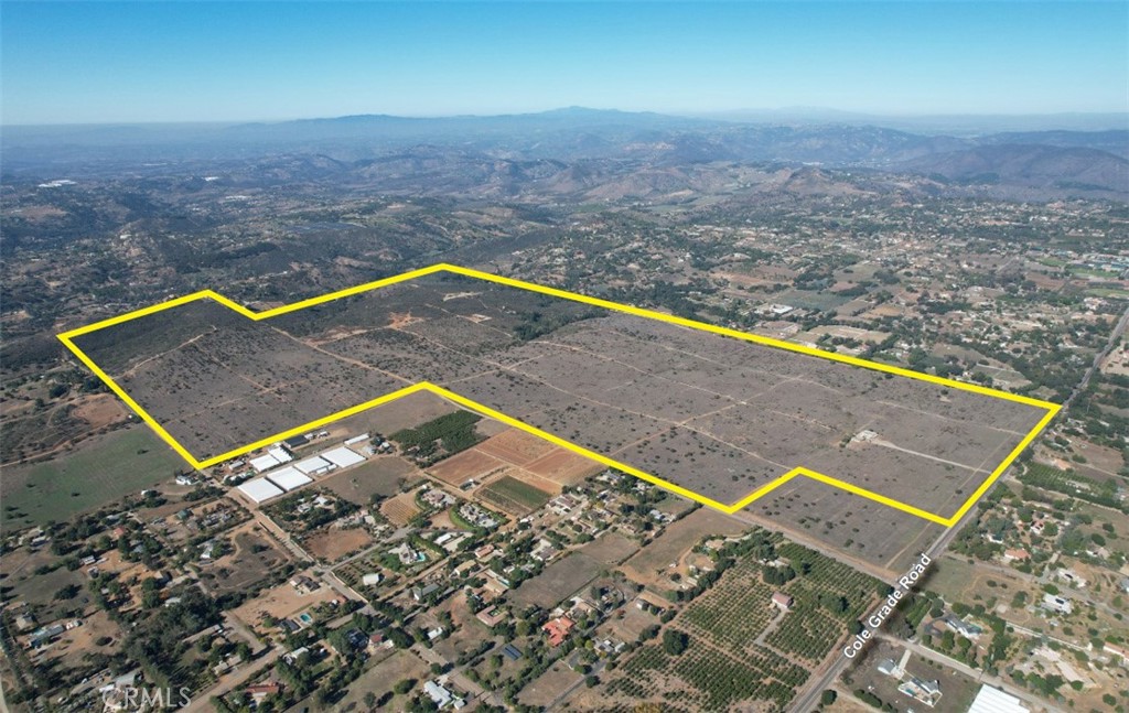 The subject property consists of 10 parcels of land totaling to 425 acres in north county San Diego in the city of Valley Center. The property sits on Cole Grade Road, one of Valley Center’s major thoroughfares, where it has over half of a mile of frontage. Most of the existing retail presence in Valley Center is just under 2 miles to the south and Valley Center High School is just over a half of a mile to the north from the
property, both being along Cole Grade Road. It is a 14-mile drive from the property to access the I-15 Freeway and Highway 78 through Escondido to the south, and 4.5 miles to access the Highway 76 to the north via Cole Grade Road. The property itself is relatively flat with some rolling topography, and has been previously used for agricultural purposes. The site has power lines on its frontage portion along Cole Grade Road and nearby access to public water serviced by the Valley Center Municipal Water District.
Proposed Uses included cluster home development, large lot residential development, solar farm development, and nursery. Zoning allows for 1 DU/2 AC. Great land investment opportunity to pick up significant acreage in a highly desired area in San Diego County.