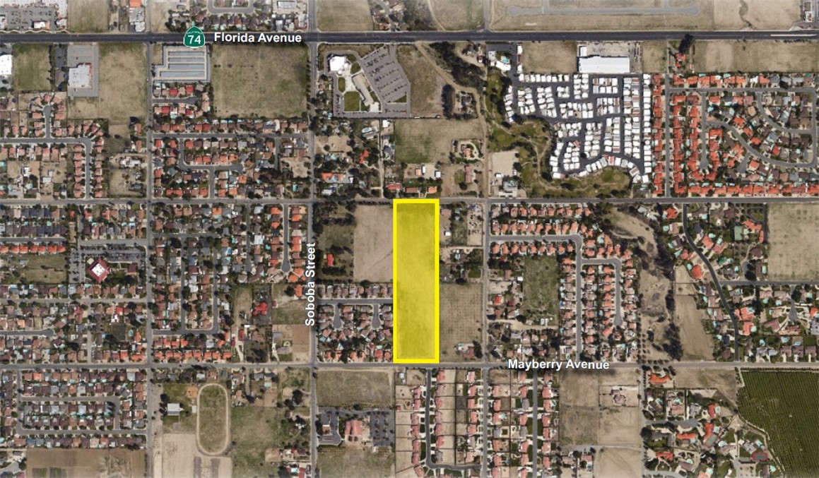 The subject property consists of two parcels totaling approximately 9.6 acres of raw land in the unincorporated community of Valle Vista, just east of the city of Hemet. The property has a rectangular shape, entirely flat topography, and frontage on both Acacia Avenue and Mayberry Avenue. It is located +/- 1,200 feet south of Florida Avenue/Highway 74 which provides access to Highway 79 and the I-215 to the west. Sewer and Water are available in Youngstown Drive serviced by the Lake Hemet Municipal Water District (Buyer to verify). Both the City and County have designated this area within their
General Plan for Residential with a Density of 2 - 5 Dwelling Units per acre. Please reach out with any questions or interest.