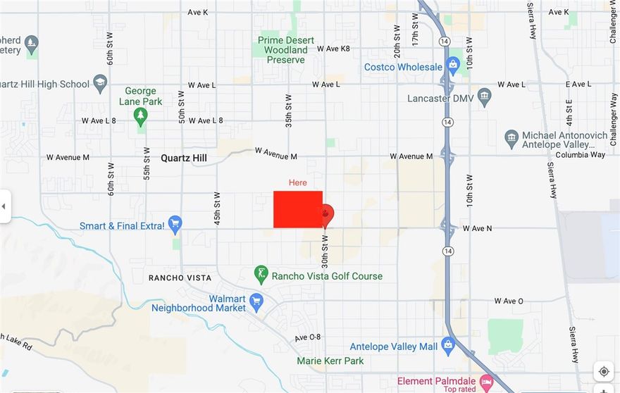 Zoned Residential 8.79 acrs. Great Prime Location at the corner of the main street for that custom home. Close to Shopping Center, Restaurant, School and Hospital. 5 minutes to Walmart Neighborhood Market, 9 minutes to Costco Shopping Center. Possibility to change the Zoning to Commercial.  Buyer to make their own independent investigations regarding Zoning & General Plan designations, Hazard Zones , Availability & Costs of Utilities.
