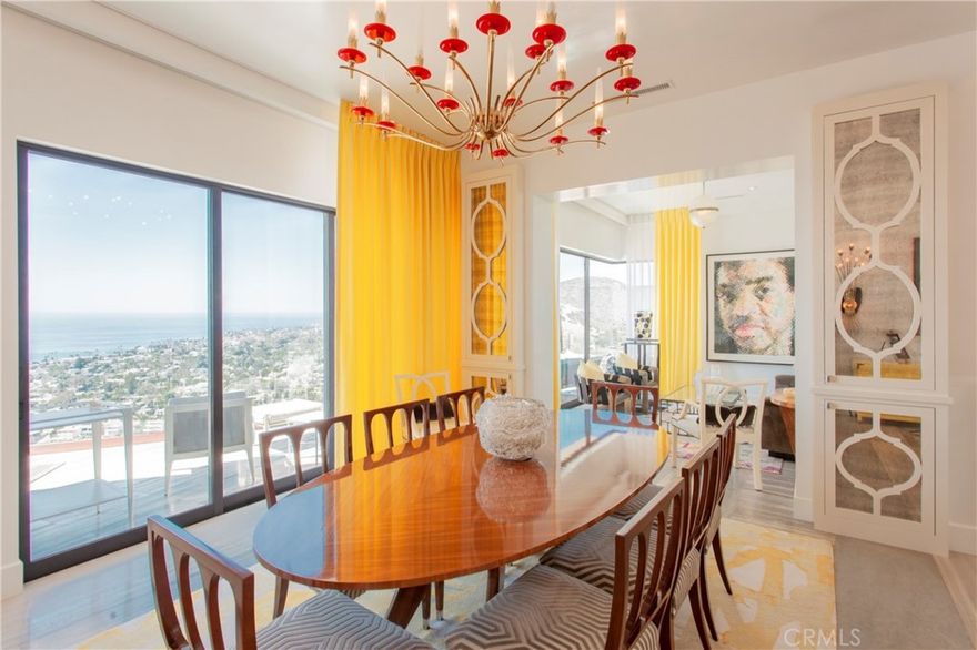 Experience the warm contemporary splendor of this beautiful Laguna Beach masterpiece! Pacific Ocean and Catalina Island views set the mood for every luxe detail in this stunning custom home. Expertly designed by architect Eric Trabert and interiors by Passione Interior Design, this unique home offers three bedrooms, a gym or (or fourth bedroom), office and 3 1/2 bathrooms, a small private pool, and expansive view decks on all levels. An artful gourmet kitchen appeases the eye and the appetite alike with stunning Tiffany Blue cabinetry and premium appliances. Master craftsmanship and the highest quality materials are a consistent theme, delivering both comfort and opulent style. The generously proportioned spaces are richly detailed with an impressive collection including one of a kind vintage lighting throughout. Adorned with exquisite surfaces and stonework, complemented by masterfully executed millwork, no detail has been overlooked to even the most discerning eye. The views out to the endless horizon and year-round sunsets are the living art backdrop to this property and can be enjoyed from virtually any vantage point in the residence. Perched and centrally positioned on a lightly traveled cul-de-sac, this Mystic Hills property is a MUST SEE!