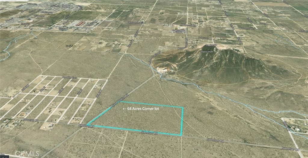 Corner of Mojave and Sweetser. All flat and usable. Utilities in the street. Fantastic opportunity for the savvy investor to purchase this wonderful land for only 4K per acre. What a bargain. Within the path of growth. Landcaster only a few minutes away. Just off Highway 14 and Rosemond Blvd. Land there not making more of it.
