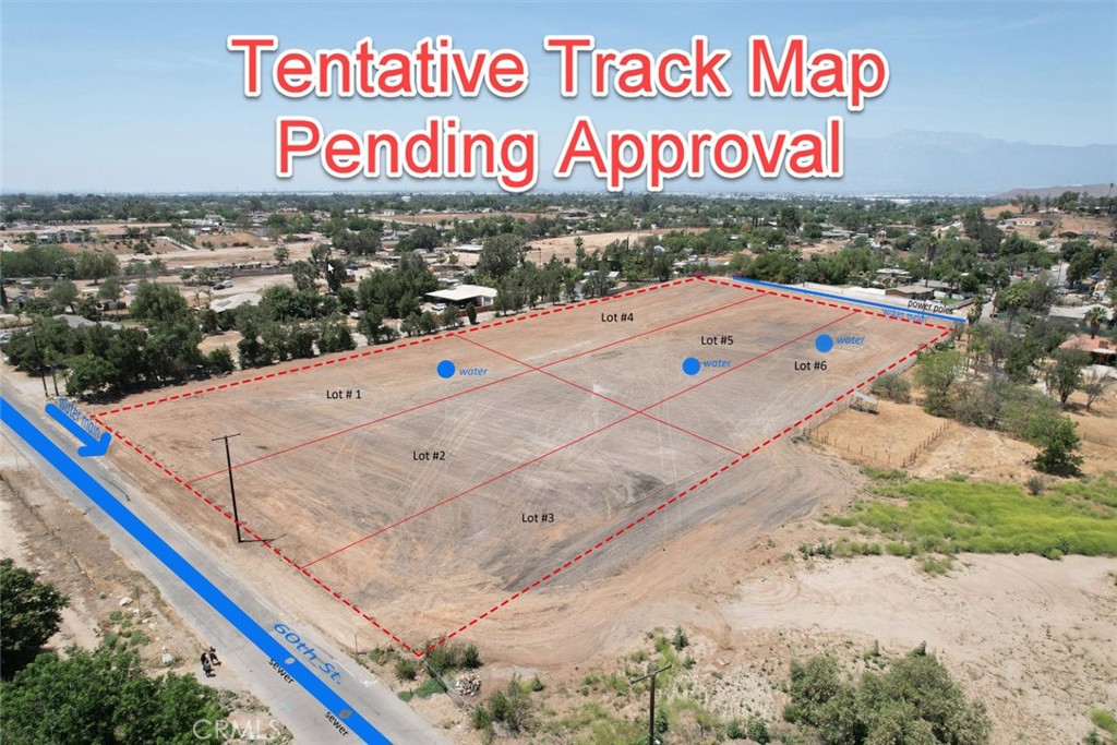 ** Situated west of Beach Street, east of Steve Ave, and north of Richmond’s new Bridle Path-Paradise Knolls Community Development off Limonite Ave. Property has been cleared, cleaned, and fully fenced with easy access from either 60th or 59th Streets. Features include Water Meter / Main Line Connections at both ends of the property, as well as Sewer Accessibility. Also, Edison Power Poles has been installed so that power can be easily dropped at both ends of the lot. Furthermore, the City of Jurupa’s Planning Dept. has our Tentative Tract Map submittal under review and is eager to assist and advise on the improvement of this beautiful lot. Such an opportunity does not come easy nor often and would also make for an excellent 1031 Exchange Placement. The seller is considering a proposed 6 Parce, 3/4 Acre subdivide housing development w/ Optional ADU’s. However, this 5 Acre Parcel would also serve as the perfect canvas for one who dreams of building their very own, private, blue-top Master Ranch House Estate! With beautiful mountain views, easy access to the 15 Fwy, and within close proximity to shopping and dining at the Verona Marketplace and Eastvale Gateway. Don’t let this wonderful opportunity pass you by. All offers will be considered !