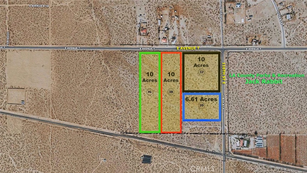 36.6 ACRES of Prime location. CORNER LOT. Subdivided into 4 Parcels. Water Well installed and also City Water at the corner parcel. Power available. Paved Road/Asphalt all along Ave T and 116th st. Busy street. 4 Parcels of Land in LittleRock right off Ave T leading onto Pearblossom Hwy (Hwy 138). Located at the corner of Ave T and 116th st right across the street from LA county Parks & recreation Jack Rabbit. This area is developing fast. Residential properties across the street. Located approximately 2 miles away from Hwy 138 and near Hwy 14. Parcels can be Sold Separately or All Sold Together. From the 4 total parcels, 3 parcels are 10 ACRES +/- each and one parcel is 6.61 ACRES. This is an excellent Investment opportunity for any investor or developer. Sky is the Limit... 36.6 Acres of flat land.
