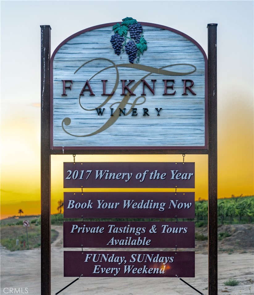 This is a rare opportunity to purchase the Award Winning Falkner Winery on over 23 Acres with 20,974 square feet of improvements, located on one of the most beautiful sites in the Temecula Wine Country! The brand new Winery and Tasting Room building was recently completed and opened in July of 2022! Every part of the building is brand new! The 10,974 square foot Winery/Tasting Room building includes a beautiful numerous indoor and outdoor serving and tasting areas, all new winemaking equipment, wedding venue, patios with spectacular views, numerous additional restrooms, sewer connections, and more - it is completely up to date - and up to code! Also included is the beautiful Pinnacle Restaurant building of 10,000 square feet, which includes a second gorgeous wedding venue, climate controlled storage and more! There are sweeping hilltop views - with 15+ acres of excellent varietal vineyards plus 7+ Acres with the buildings, large paved parking lots, and lush landscaping. Falkner Winery has been one of the premiere wineries in the area - having been recognized as Winery of the Year in 2017, and also as one of the finest special event locations offering incomparable wedding hosting. There is excellent potential, and a beautiful location on which it may be possible to construct a Hotel or Inn on the site! Contact Listing Agents for additional information.