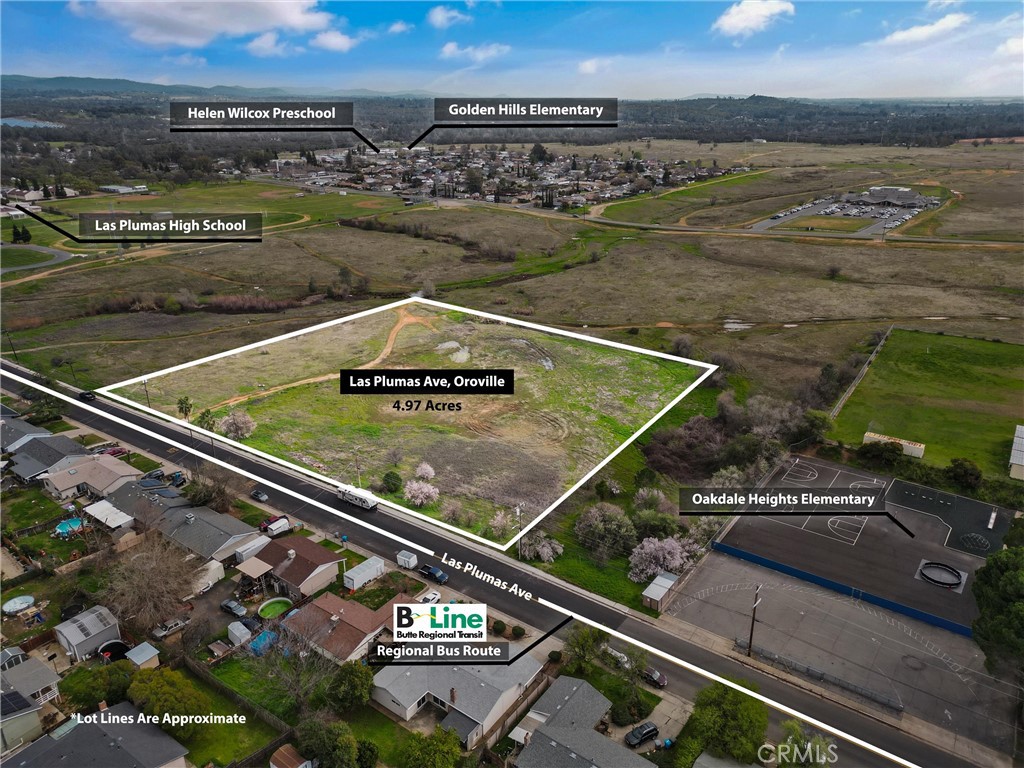 Land Development Potential with this 4.97+/- acres zoned MDR which allows a minimum of 6,000+sf residential building lots. Power, Sewer, Phone, Internet & Water all at street ready to connect into. Located immediately next door to Oakdale Heights Elementary School property, a parcel down from Las Plumas High School and in real close proximity to both Golden Hills Elementary and Helen Wilcox Preschools. The grade of terrain here on this land is flat with a real gentle roll. Located along the B-Line public bus route for easy public transportation options. Ground has broken on a decent sized development nearby. Would make a great new home development with proper planning. More on MDR Zoning; The purpose of the MDR zone is to allow a mixture of housing types in a medium density setting. Permitted housing types in this zone include single family, duplex homes, and second units. Potential conditional uses may include residential care homes. Non residential uses conditionally permitted may include personal services, medical offices, community centers, religious facilities, daycare, clinics, schools both public and private and general retail. The maximum permitted residential density is six dwelling units per acre in the MDR zone. For additional information on your development ideas and the potential here, inquire with Butte County Building & Planning. Assessor parcel number for reference: 078-170-045.