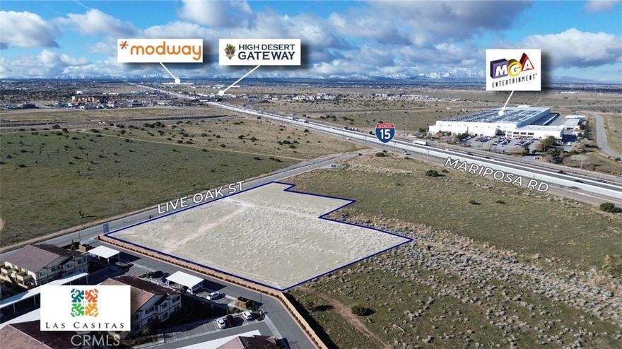 Embrace a prime commercial development opportunity with this ±2.58-acre vacant land parcel located in the City of Hesperia. Zoned RC – Regional Commercial, this strategically positioned property opens the door to a myriad of possibilities, making it an ideal canvas for prospective developers envisioning a shopping center or hospitality/entertainment destination. The site is located adjacent to Frontier Homes’ Las Casitas Apartments and approximately ±0.6 miles from the Main St. and I-15 interchange, a focal point of commerce boasting the nearby High Desert Gateway center, home to amenities such as Target, Bath and Body Works, JoAnn, Five Guys, WaBa Grill, Crumbl Cookies, Ross, and many others. It can also be noted that the site is located approximately ±0.5 miles from the Escondido Ave. and Main St. intersection, another highly active commercial area with businesses like Walmart, Wendy’s, Aldi, and Les Schwab Tire Center as well as a recently constructed Kaiser Permanente hospital, adding a layer of convenience for potential businesses, employees, and patrons. With utilities running through the property, this site is poised for efficient and cost-effective development. Buyer to verify all information contained herein.