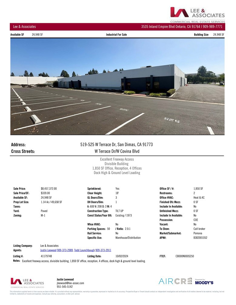24,948 SF for Sale on a property lot size of 49,658 SF
Excellent Freeway Access
Divisible Building
1,850 SF Office, Reception, 4 Offices Dock High & Ground Level Loading