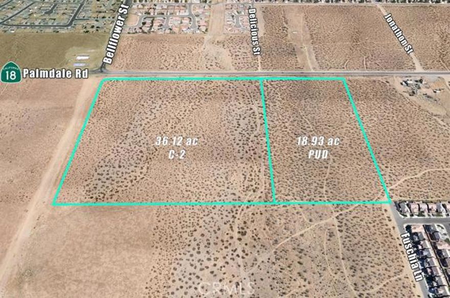 55.05 ac fronting Palmdale Rd/HWY 18 Rd in Victorville. 36.12 ac on the SE corner of Palmdale Rd and Bellflower St is zoned C-2 (Commercial). The adjacent 18.93 ac is zoned PUD (Planned Unit Development). Approximately 1,900 ft of frontage along Palmdale Rd/HWY 18