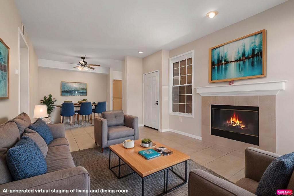 Come see this charming home today in this family-friendly community! This first-story corner condo boasts tile floors throughout, a cozy fireplace, and in-house Electrolux washer and dryer. Move-in ready! Store all your belongings with ample storage inside, and additional secure, lockable storage closet in the patio. Your assigned carport space is right in front, with plenty of guest parking nearby. Picture yourself playing tennis, having an intense workout at the fitness center, cooling off in the pool, and relaxing in the spa - all of which are accessible through the association. This condo is perfect for a low-maintenance, active lifestyle in a prime location.