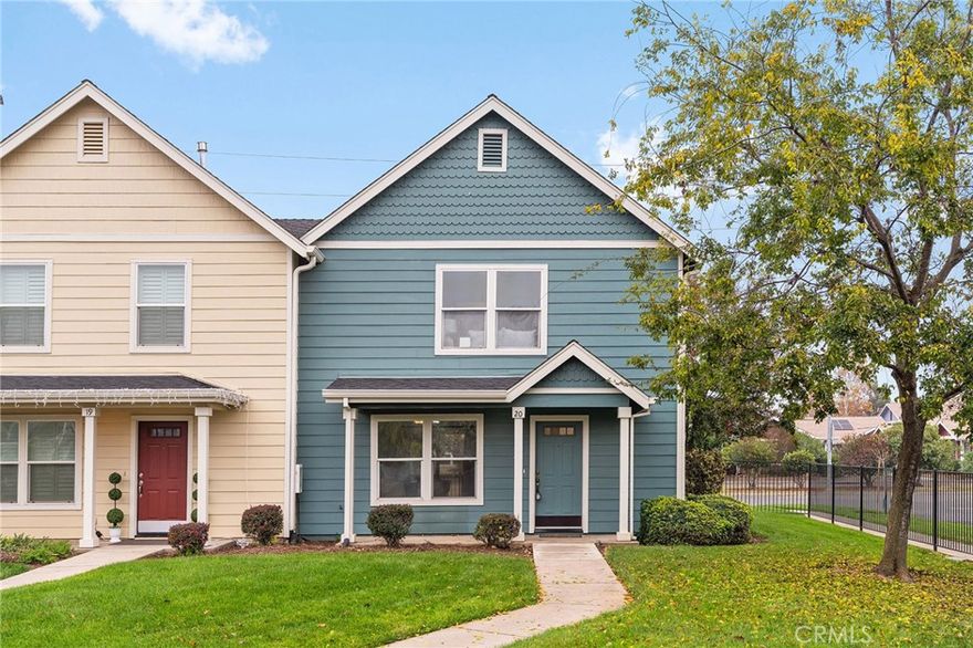 Low-maintenance affordable living in Chico, or your next investment property! This 3 bedroom, 2 bathroom townhome is turn-key and move-in ready with new paint and flooring throughout and an updated kitchen. This is your chance to own a rare end unit, and enjoy more peace and privacy from your back patio and spacious grassy areas in front and back. Walk inside, and you’ll find a full bathroom with laundry closet, a bright and cozy living room, and updated kitchen with plenty of cabinet space. Upstairs there are three spacious bedrooms, including a primary bedroom with TWO large closets, and the second full bathroom. There are two assigned parking spaces right out front, and guests will appreciate the additional visitor parking and nearby street parking. The location is unbeatable, just minutes to freeway access, shopping, restaurants, gyms, and all the amenities of Chico’s Meriam Park. The HOA takes care of the exterior maintenance, roof, landscaping, fences, paint, porches, parking, walkways, trash, and insurance, making homeownership stress-free. Whether you're a first-time homebuyer, seasoned investor, or just looking for low-maintenance living in a prime Chico location, this is one you won't want to miss!