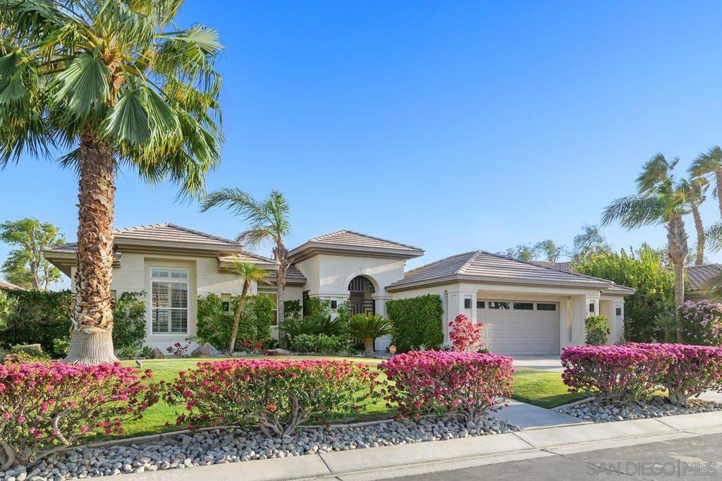 Looking for a desert retreat? This 3,763 sq. ft. home in the prestigious Mira Vista development offers 3 bedrooms, 3.5 bathrooms, and a versatile den. With a desirable southwest-facing orientation, enjoy stunning mountain and golf course views—a rare find at this price point of $1,595,000. Thoughtfully maintained, the home includes two guest bedrooms separated by a media room, providing a private and comfortable space for visitors. Step outside to your own desert oasis featuring a sparkling pool, relaxing jacuzzi, and stylish patio furnishings, ideal for soaking in the beauty of the desert sunset.