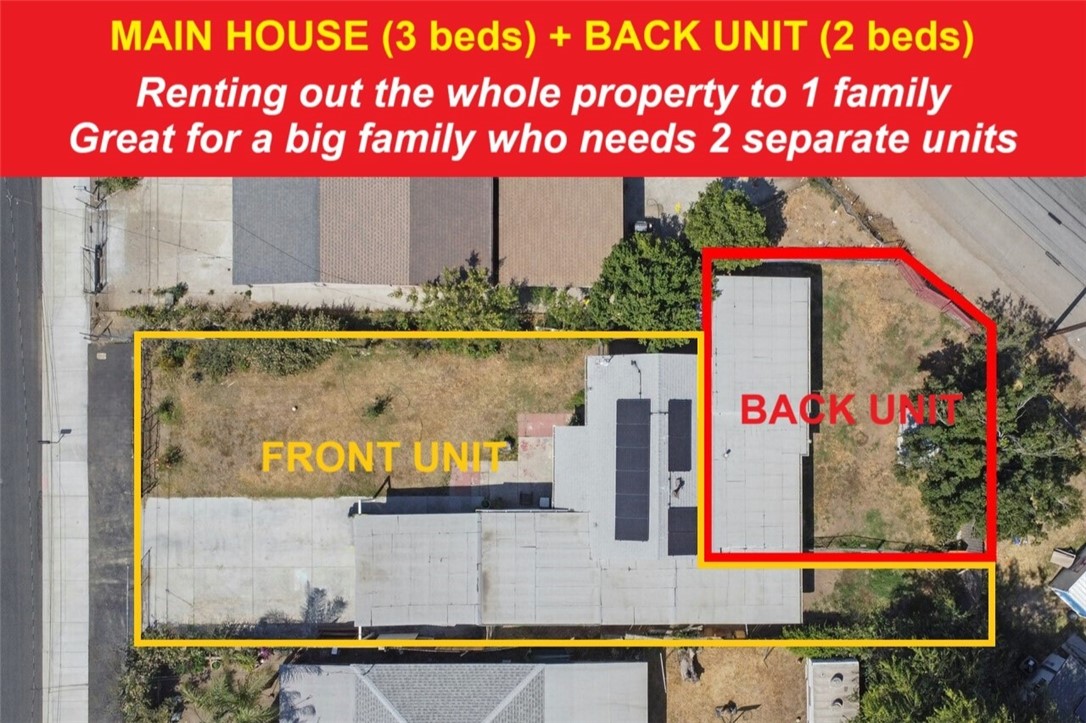 We are renting the whole property - both Front and Back units together to one family. Yes, the property has 2 units with separate entrances, like a duplex. Pet friendly. Separate Living rooms, Kitchens and Entrances. Front home has 3 bedrooms and 1 full bathroom. Back home has 2 connecting bedrooms and 1 full bathroom. With large yards, long driveway and garage. Property is older, but clean and has new paint, window/wall ACs, and ceiling fans. Perfect starter home for a large family who wants to save money while having 2 separate units / ADU for privacy of the parents / kids. No parties, No smoking of any kind, No drugs. Schedule your showing now before it's too late!
