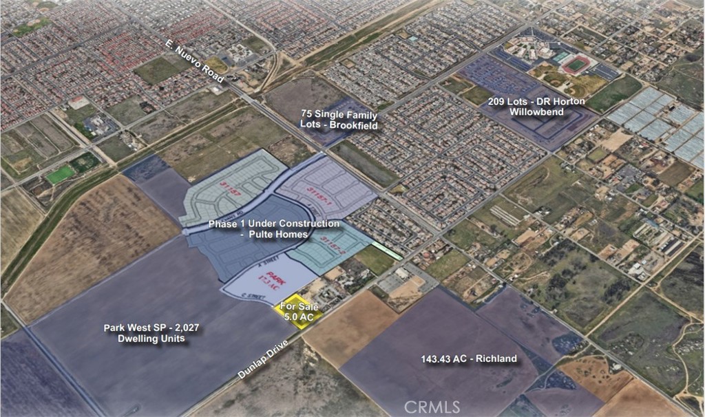 The subject property consists of approximately 5.0 acres of raw land on Dunlap Dr located just south of Nuevo Rd in the City of Perris, one of Riverside County’s fastest growing cities. The property has an expired TTM for 60 Townhouse Units with 370 feet of frontage along Dunlap Dr. The property is approximately 3 miles from I-215 at Nuevo Rd where there is a large commercial presence. Immediately to the west and to the south of the property is a large 534 acre property known as the Park West Specific Plan. This plan calls for 2,027 total residential units for a gross density of 3.8 DU/AC. The first phase of this development has already been sold to Pulte Homes who is actively building homes in the community. See the “Surrounding Development Map” included on the following page for additional insight on the area. The site has access to water along Dunlap Dr with sewer access available at the newly built church to the north on Dunlap Dr per the Eastern Municipal Water District. Additionally, Pulte Homes is currently installing sewer within Park West Dr which may also be a connection point for future development.