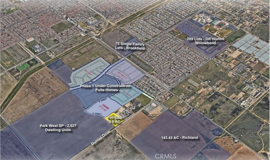 The subject property consists of approximately 5.0 acres of raw land on Dunlap Dr located just south of Nuevo Rd in the City of Perris, one of Riverside County’s fastest growing cities. The property has an expired TTM for 60 Townhouse Units with 370 feet of frontage along Dunlap Dr. The property is approximately 3 miles from I-215 at Nuevo Rd where there is a large commercial presence. Immediately to the west and to the south of the property is a large 534 acre property known as the Park West Specific Plan. This plan calls for 2,027 total residential units for a gross density of 3.8 DU/AC. The first phase of this development has already been sold to Pulte Homes who is actively building homes in the community. See the “Surrounding Development Map” included on the following page for additional insight on the area. The site has access to water along Dunlap Dr with sewer access available at the newly built church to the north on Dunlap Dr per the Eastern Municipal Water District. Additionally, Pulte Homes is currently installing sewer within Park West Dr which may also be a connection point for future development.