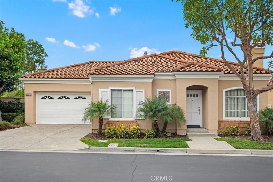 IMPECCABLY APPOINTED... WHAT A GEM... Located in one of South Orange County's Most Highly Sought, Active Lifestyle Communities... Gorgeous PALMIA, a 55+ retirement community like no other. This SUPREME Location - just steps to the clubhouse, pool and sports courts in incredible Villas 1 is a beauty with two bedrooms and two bathrooms and newly renovated. Enjoy brand new: luxury vinyl plank flooring, fresh custom paint, wide baseboards, new blinds, counter tops, fixtures and lighted ceiling fans that all compliment the high ceilings and gorgeous open space, bringing in plenty of natural light through the luxurious sliding doors and windows. This home is truly a design delight... So elegant, yet warm and comforting. A lovely and spacious wrap around patio yard with brand new landscape to enjoy is perfect for backyard entertaining or dining al fresco. Attached 2 car garage with new opener and plenty of storage space. This 24 hour guard gated community offers many amenities to its residents including: an 18 hole putting green, state of the art workout facility, gorgeous clubhouse, pool, spa, tennis, shuffleboard, pickleball, bocce, billiards & so much more. An abundance of planned social activities, classes & outings await you. Also includes cable TV and WiFi. This Property is Truly a Delight.