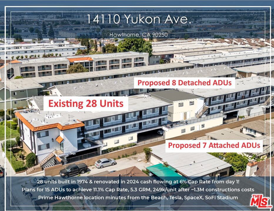 Newer 28 units built in 1974 & Renovated in 2024 cash flowing at an amazing Current Cap Rate of 6% from day 1! Preliminary plans to add 15 ADUs to achieve an incredible 11.1% Cap Rate, 5.3 GRM, and only 249k/unit after taking into account all the construction costs (~1.3M assuming $250/SF). The preliminary plans call for 7 attached ADUs in the garage/storage area + 8 detached ADUs over the pool area while still maintaining ~20 parking spaces for the residents. Excellent unit mix consisting of 4 (2bed/1bath) units and 24 (1bed/1bath) units. Majority of the units have been completely renovated and boast a high-end aesthetic with new modern cabinets, flooring, lighting, new bathrooms, stainless steel appliances, and major exterior capital improvements. Amenities include a renovated pool, on-site laundry facilities, secured entry, and ~34 covered parking spaces for convenience. Huge almost ~20,000 SF lot for future development potential. Located in the heart of Hawthorne just minutes away from the Beach, Tesla Design Center, SpaceX, Starlink, Northrop Grumman, LAX, Intuit Dome, SoFi Stadium and more.