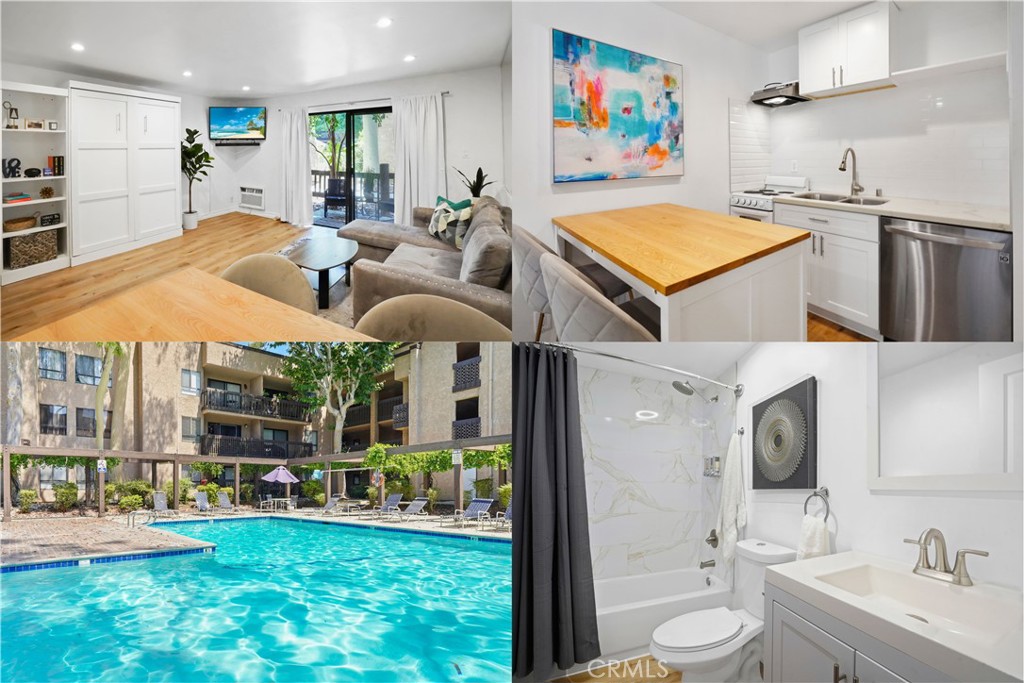 Discover the perfect blend of comfort, convenience, and investment potential in this move-in-ready Woodland Hills home. Whether you’re seeking a primary residence, a practical second home during the work week near Warner Center, or an income property, this studio unit is an ideal choice at an attractive price. The HOA permits short-term rentals with a 30-day minimum stay, and dues cover building insurance, water, hot water, trash, security, and additional amenities, providing exceptional value.
The open living area seamlessly converts into a cozy bedroom with a Murphy bed, maximizing functionality and style. Highlights include updated flooring, recessed lighting, and only one shared wall with a neighbor for added privacy. The modern kitchen boasts white shaker cabinets, quartz countertops, a center island, a stainless steel dishwasher, and a stove/oven. The upgraded bathroom features a newer vanity, tub, and shower. Relax and unwind on your private patio, perfect for morning coffee or summer evenings.
Resort-style amenities include a pool, spa, sauna, gym, tennis court, recreation room, billiard room, guest parking, and 24/7 gated security with on-site parking. Located just minutes from The Rams Training Facility, Calabasas, Warner Center, and luxury shopping at Westfield Topanga and The Village. Enjoy dining along Ventura Blvd and stay active at premier fitness clubs such as Equinox and LA Fitness. Take in outdoor concerts at Warner Center Park, explore scenic trails above Mulholland, or drive through Topanga Canyon to Santa Monica and Malibu beaches. Convenient access to the 101 and 405 freeways.
Don’t miss this centrally located, turn-key Woodland Hills gem, ready for you to move in and enjoy!