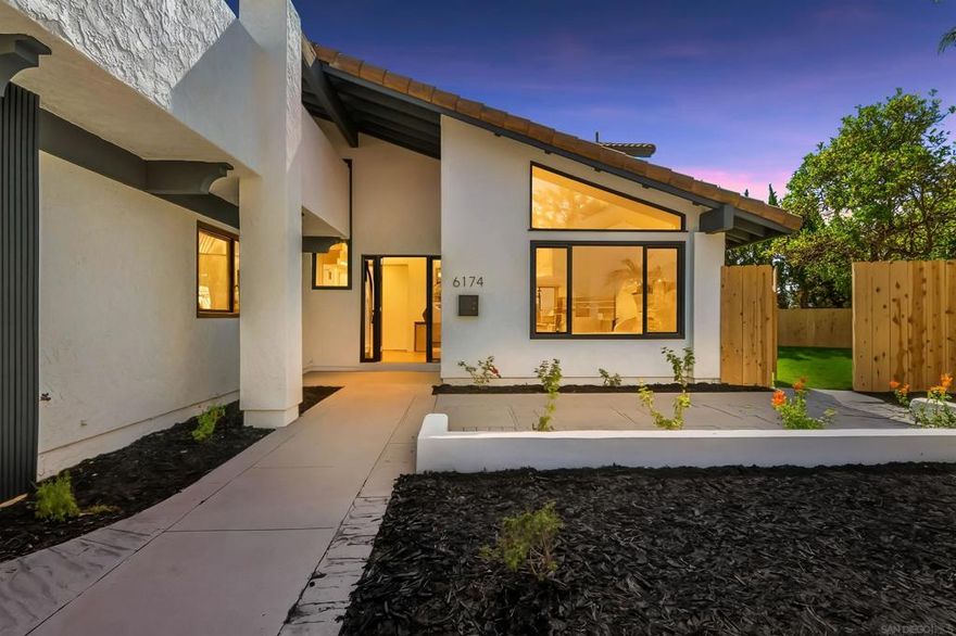 Experience modern coastal living in this fully remodeled five-bedroom, three-and-a-half-bath home in highly desirable University City. Set on a 9,100 sq. ft. lot, this residence features vaulted ceilings, abundant natural light, and a gourmet kitchen with waterfall-edge quartz counters, custom oak cabinetry, and a large island. Enjoy seamless indoor-outdoor living with 12-foot cantina doors opening to a landscaped backyard with west-facing canyon views, a refinished pool, and multiple decks—including a private deck off the primary suite. Flexible layout offers dual primary suites, designer bathrooms, and wide-plank luxury vinyl flooring throughout. Additional highlights include a three-car garage and a quiet cul-de-sac location near top schools, beaches, parks, shopping, and dining.