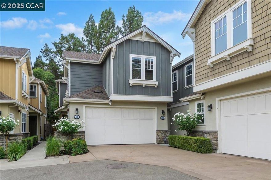 Charming Farmhouse-style townhouse on a quiet, tree-lined lane w/ blooming white rose bushes. Thoughtfully designed interior w/ soaring ceilings, rich hardwood floors, designer lighting & elegant window treatments. Open-concept floor plan w/ style & function formal dining area, expansive glass sliding doors & abundant natural light. The living room offers picturesque windows & cozy fireplace, the gourmet kitchen is masterfully appointed w/ white cabinetry, Quartz countertops, KitchenAid refrigerator, ss appliances, gas range, & oversized island w/ large pantry closet. Upstairs, a mini loft w/ a built-in desk is perfect for a home office. Luxurious primary suite offers privacy from every window, soaring ceilings, & a spa-inspired bath w/ walk-in shower, dual vanities & designer tile details. 2 additional spacious bedrooms share a split bath.Additional highlights include: oversized laundry room w/ cabinetry, attached two-car garage, tankless water heater, ample storage. Outside, the HOA maintains the front landscaping, while the private backyard features a lush turf lawn for low-maintenance enjoyment. With its ideal location just minutes from award-winning schools, parks, downtown Danville, shopping & freeway access, this is Danville living at its best!
