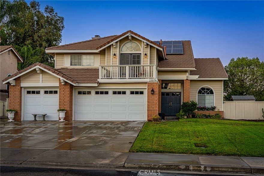 The Seller is providing up to a $15,000 credit towards buyers closing costs. Gorgeous upgraded 5 bd/3 ba POOL home in an AWESOME Family neighborhood. It is THE gem of Stonehurst, a planned community with a park, view of western Murrieta's hills and close to all the local essentials! This is in a very LOW tax base area and in a LOW HOA neighborhood. Close to the exclusive Bear Creek community, this is one of the best neighborhoods in Wildomar that borders Murrieta, right off of Clinton Keith and Palomar Road. This home boasts 2,972 square feet of living space with 5 bedrooms and 3 bathrooms. This is a well designed two story home with a downstairs bedroom and bathroom for a home office, guest bedroom, or anything you envision. Enjoy a large lot with total privacy behind the backyard. Catch the daily sunset while you’re enjoying the pool with your favorite beverage. Peaceful Paradise awaits you on this MAGNIFICENT Family Estate - A fabulous Entertainers Kitchen -beautiful quartz counters, an island with a beautiful wood countertop, all stainless steel kitchen aide appliances, a pantry & so much more. Fantastic open floor plan with spacious family room with fireplace that overlooks this huge family pool. Huge separate living room with cathedral ceilings. A separate dining room. Downstairs has a huge bedroom with a walk in closet & exquisite newly remodeled bathroom. A separate laundry room leading to the garage.The garage is a usable two car garage with the third garage being used as storage with a dividing wall in the middle. Upstairs 4 bedrooms including the STUNNING Primary Suite with his and hers walk in closets. The primary bath has a gorgeous soaking tub, glass shower and a large vanity with two sinks. One of the 2nd story bedrooms has a patio/porch with double French doors. This home is so light & bright with many dual pane windows & sliders throughout, Plantation shutters upstairs, beautiful crown molding throughout, whole house fan, 2 A/C units one  A/C unit was replaced in May 2025, water heater was replaced in March 2025. The front of the house has freshly painted trim, front doors and siding. Many of the interior walls have been freshly painted as well. Both A/C units have surge protectors. There is a pool security fence and a Lifetime shed that will remain with the property. Stonehurst  offers two beautiful parks. The house has solar panels (solar lease Low monthly payment) Don't wait... Make an appointment to see this Spectacular home today!