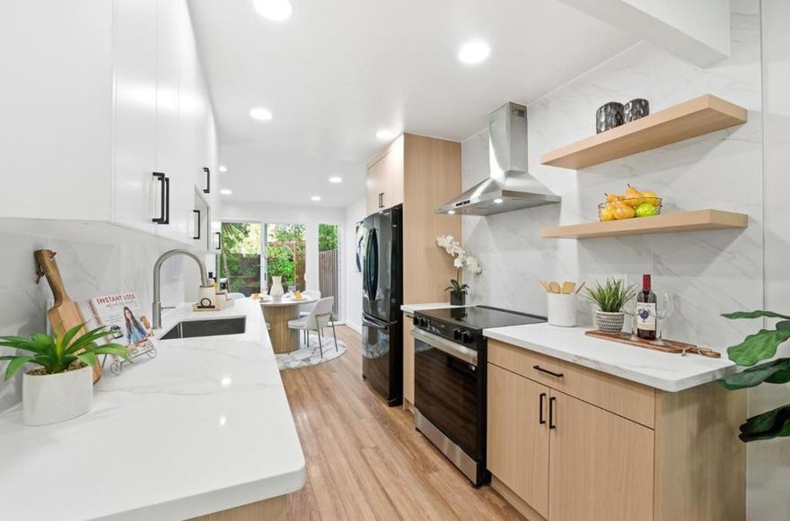 Experience the charm of mid-century modern design in this beautifully updated 4B/2.5Bth townhome, ideally situated in the heart of Silicon Valley. Nestled in a quiet, well-maintained community, this spacious home blends classic style w/ modern comfort. Step inside to discover a bright, open layout enhanced by 2 enclosed patios that create a seamless indoor-outdoor connection. The brand new galley kitchen is a culinary standout, featuring sleek quartz countertops, full backsplash, European cabinetry, open shelves & new appliances. It opens directly into a large dining+ living room & a separate family room. Upstairs, 4 generously sized bedrooms offer flexible living, including a peaceful primary suite complete with a walk-in closet, ensuite bath & a view over the backyard and the pool. All bathrooms were renovated in 2024. The convenience of an upstairs laundry area adds to the home's thoughtful design. Additional highlights include energy-efficient dual-pane windows and sliders, radiant heated flooring, recessed lights, skylights & copper plumbing. This home is just minutes from top tech employers like Apple and Nvidia, walking distance to CarMichael Park, Stratford School, Santa Clara High, Pomeroy Elem., close to Kaiser Hospital, Central Park & Library, and major commute routes.