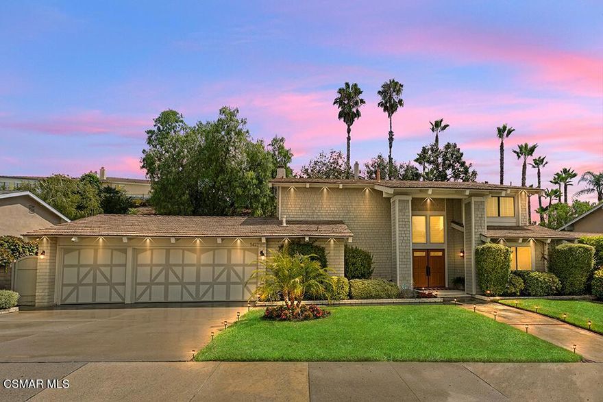 Modern Elegance on prime Double Cul-de-Sac.Open and spacious, this 4BR + 3BA (2.5) residence is 2,436 sq ft of refined living on a private, lush 8,654 sq ft lot. A dramatic double-door entry opens to a soaring two-story foyer and striking catwalk, while wide-plank, wood-style porcelain tile unifies the main level with a warm, low-maintenance finish. Walls of tall, contemporary upgraded Pella windows and French sliders invite an abundance of natural light and frame verdant garden views, creating an effortless indoor-outdoor flow.Designed for gatherings, the mostly open layout moves with ease through formal and casual spaces. The remodeled dine-in kitchen pairs custom maple shaker cabinetry with extensive granite counters, an undermount sink, pantry wall with pull-out shelving, and stainless appliances--plus dual access points that enable a gracious circular traffic pattern for entertaining. Recessed lighting is thoughtfully placed throughout to complement, not compete with, the sunlit interiors.Beyond the staircase, a generous den/family room with custom built-ins and a white-brick gas fireplace offers flexible living--ideal for an office, media retreat, or potential main-level 5th bedroom (adjacent to the powder room; buyer to verify feasibility for adding a shower). A refined powder bath with granite finishes completes the first floor.Upstairs, the vaulted-ceiling primary suite is a serene retreat with recessed lighting, upgraded windows, and a walk-in closet featuring organizers and a discreet built-in ironing station. The spa-inspired bath showcases dual sinks set beneath mirrored medicine cabinets, glass-subway backsplash, granite surfaces, a spacious shower with seat and niche, and rich custom cabinetry. Three secondary bedrooms include organized closets and recessed lighting; an updated full bath serves the wing. An interior laundry room and attached 3-car garage with storage systems add everyday convenience.Outdoors, enjoy a private, low-maintenance oasis with fresh landscaping and hardscaping, an entertaining patio, and a fun putting green--plus ample room for herb/flower beds or a future spa. A custom covered dog run (accessible from the kitchen and yard) offers added peace of mind. Major 2024 upgrades include a new HVAC system, sprinkler system/landscaping, and water heater.Set within a beloved double cul-de-sac enclave, this residence is close to shopping, dining, recreation (golf, tennis, pickleball, gyms, trails), convenient freeway access, and the Las Virgenes Unified School District--plus coastal escapes in Malibu/Ventura are under 30 minutes. A meticulously maintained, move-in-ready gem with enduring style and value. **Welcome home.***Notes: Sq. ft., lot size, bed/bath count, school boundaries, and potential modifications to be verified by buyer.*