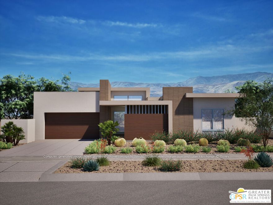 Welcome to Cotino, Storyliving by Disney, the first community of its kind in Rancho Mirage. This stunning 3,263 sq. ft. home (to be built by Davidson Communities) combines architectural elegance, thoughtful design, and resort-style living. The Hideaway, a 3-bed/3-bath floor plan with the striking Oasis exterior elevation, delivers exceptional curb appeal, highlighted by a spacious, private front courtyard. There's even an option to add your own private pool for a touch of resort-style living. Inside, the Hideaway centers around a spacious great room that flows seamlessly into the dining area and a social kitchen, perfect for entertaining and everyday living. The gourmet kitchen boasts an oversized island, walk-in pantry, and high-end appliances. A separate lounge area with a wet bar adds another dimension for relaxing or hosting guests. The primary suite serves as a private retreat, featuring an expansive walk-in closet and a spa-like bathroom designed for ultimate comfort. Two secondary bedrooms each include ensuite bathrooms, with one thoughtfully set apart from the primary suite to maximize privacy. Additional flex space offers a perfect spot for a home office or personalized use. The garage provides direct access to a convenient laundry and prep kitchen area, and there is dedicated covered golf cart parking for added convenience. Davidson Communities offers an impressive list of included features, as well as a wide variety of additional upgrades to make the home your own. Cotino combines natural beauty, charming parks, and the magic of Disney to create a unique and vibrant community perfect for beginning your next chapter. Come see for yourself and experience all that this exceptional community has to offer.