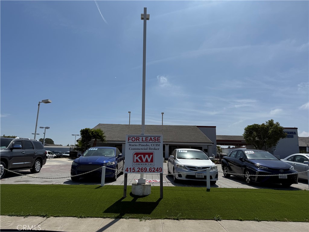 Beach Blvd frontage car dealership showroom and lot. Showroom is approximately 5,000 sf sufficient for interior vehicle sales and offices. Covered portico for an additional 4-6 cars under the overhang. Large lot approximately 10,000sf for excellent visibility from Beach Blvd.