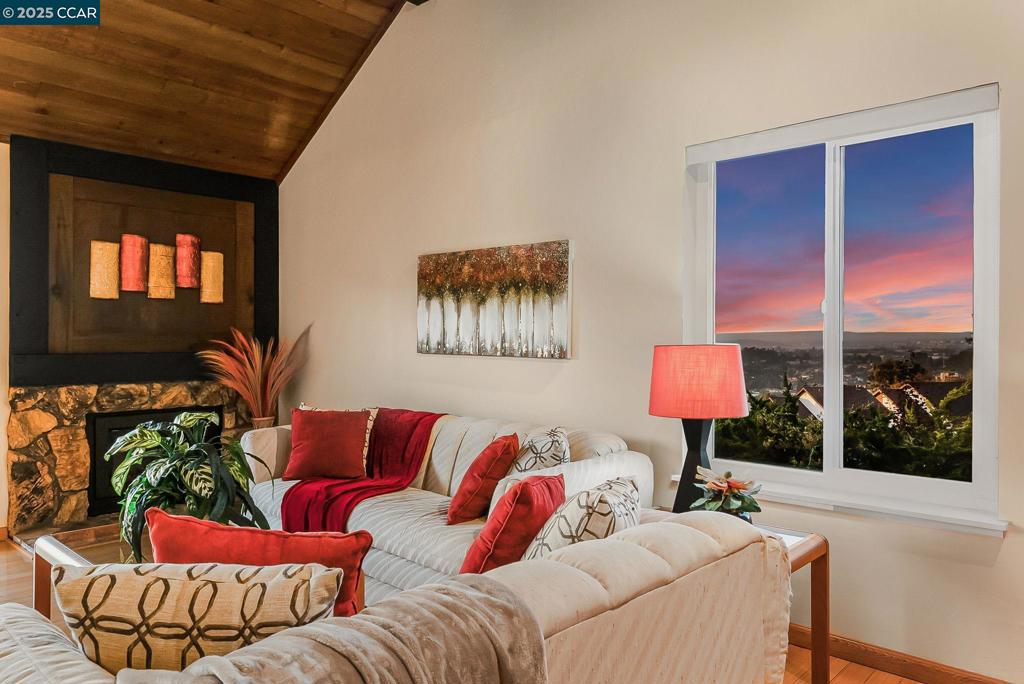 Tri-level beauty w/breathtaking panoramic bay & mountain views! Step into an abundance of natural light & high vaulted ceiling. Enjoy a formal dining rm. Updated kitchen has a sunny nook w/gorgeous views. Enjoy all new stainless steel appls & pantry. Recessed lighting, plantation shutters & dual-pane windows. Roll up shades in LR, DR, Kit to maximize views! Beautiful bamboo flooring upstairs. Step out onto the balcony where you will enjoy the spectacular view. Spacious primary BR en suite w/adjoining sitting area ideal for home office or exercise. Walk-in closet adjoins the updated bathrm. Each bathrm is tastefully updated. There is a large bonus room on the top fl that is ideal for a rec rm. 2 fireplaces—one gas FP in LR & one wood-burning FP in the bonus rm. Large finished storage space attached to bonus rm. New carpet in downstair BRs & bonus rm. There is a storage closet under the stairwell ideal for a wine cellar. 2-car attached garage, low maint. front yard. New roof & gutters. Fresh interior paint in many rms. Quiet cul-de-sac location. Retrofitted for earthquake safety. EZ access to I80, close to shopping, restaurants, schools & Kaiser. This house is a 10!