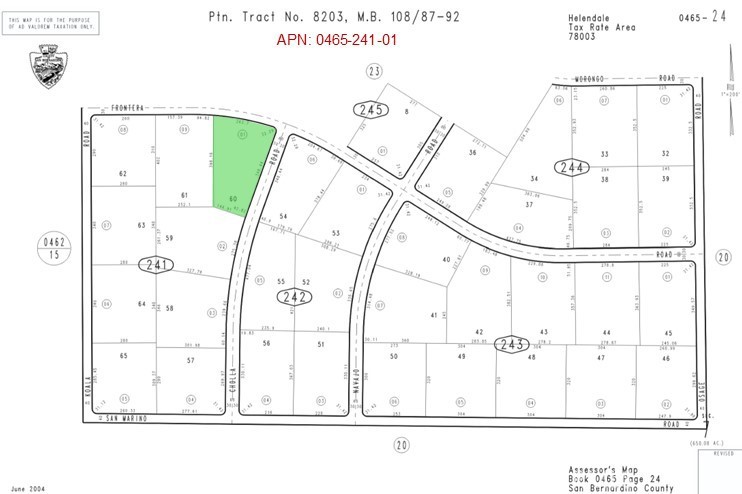 2.02 Acres (APN: 0465-241-01) GPS: 34.715, -117.4515 This secluded property is 2.02 acres and is located northeast of Adelanto, CA. The County of San Bernardino has zoned the property Rural Living- 5 Ac Minimum. According to the County this land use designation zoning district provides for single family homes on 5 acre lots. Residential electricity is approx 0.3 miles west. Residents in the area have private water wells and septic tanks for their needs. Quite a bit of property in the area is managed by the Bureau of Land Management (BLM). The BLM is a government agency that manages public lands for a variety of uses for the enjoyment of present and future generations. Approximately 11 million acres, of its 25 million acres, is protected and preserved as the California Desert Conservation Area. These public lands and off road trails can be used, per the BLM rules. Nearby Lots also for sale.
This property does not yet have an address. While the boundary lines on the map offer a glimpse, they are only approximate. A Buyer should verify boundaries, zoning and utilities, ensuring every aspect aligns with their vision for the property.